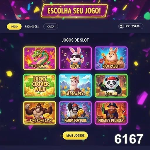 Interface do 6167 com seleção de jogos de slot variados.