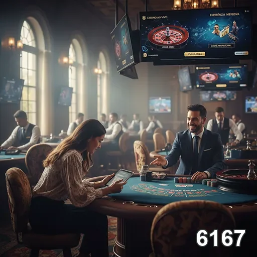 Jogadora e dealer interagindo em mesa do 6167.