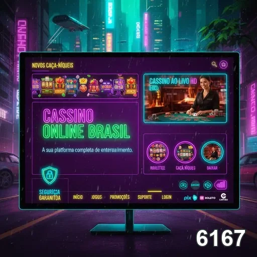 Tela da plataforma 6167 mostrando jogos de cassino ao vivo e caça-níqueis.