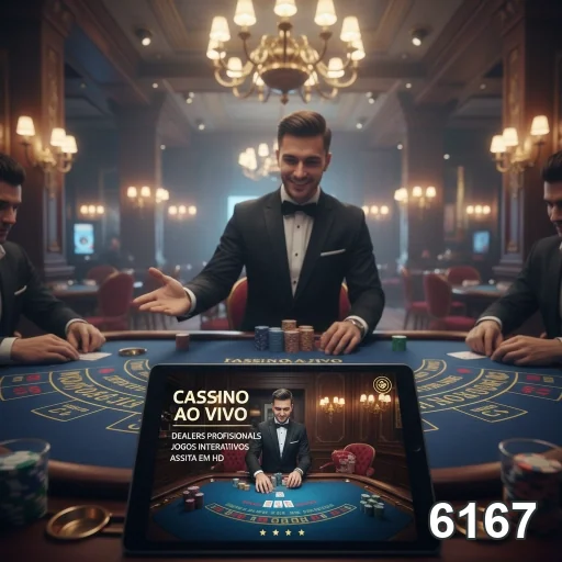 Dealer ao vivo no 6167 interagindo com jogadores em mesa.