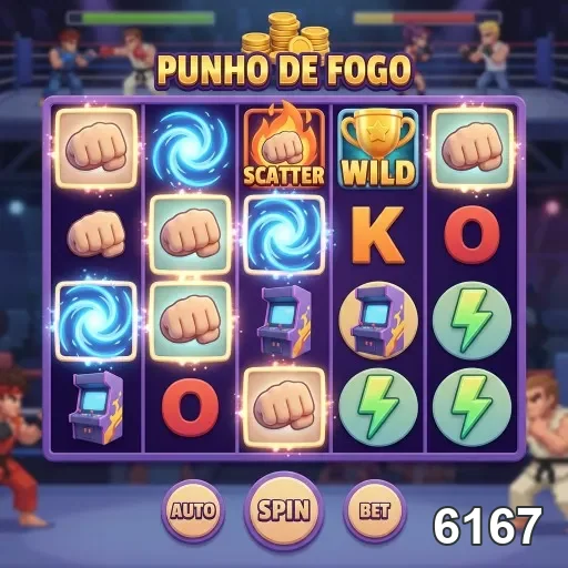 Tela do jogo Punho de Fogo no 6167, com símbolos variados.