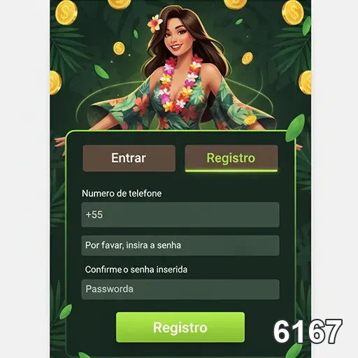 Tela de registro do site 6167 com mulher e botões de ação.