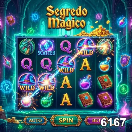 Tela do jogo 'Segredo Mágico' no site 6167 com símbolos de alta aposta.
