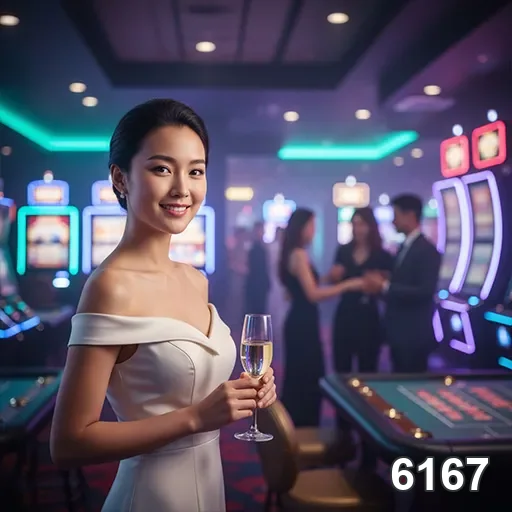 Jogadora sorridente em cassino da 6167, segurando taça.
