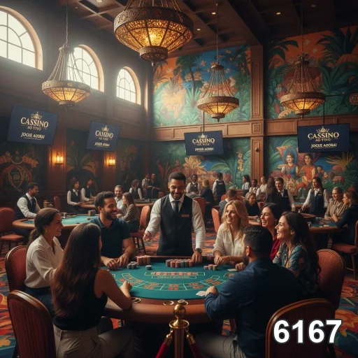 Ambiente de jogo ao vivo no cassino 6167 com dealers e jogadores.