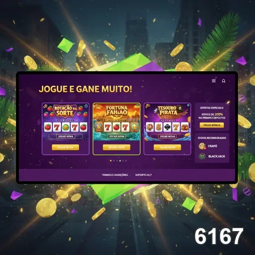 Tela do site 6167 mostrando serviços VIP e jogos disponíveis.